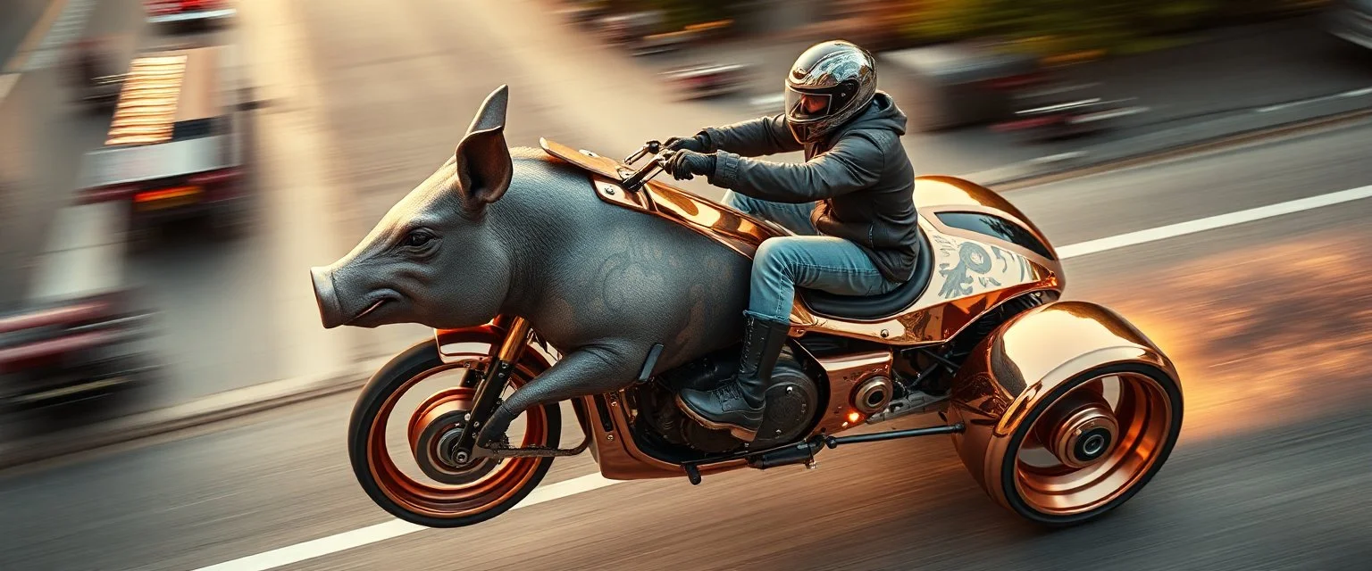 seen from above, tattoo style, motion blur, airbrush art, elon musk riding an awesome trike spaceship in copper, fast one in the shape of a savings pig is half horse half pig, now its gonna do an awesome gig , bokeh like f/0.8, tilt-shift lens 8k, high detail, smooth render, down-light, unreal engine, prize winning