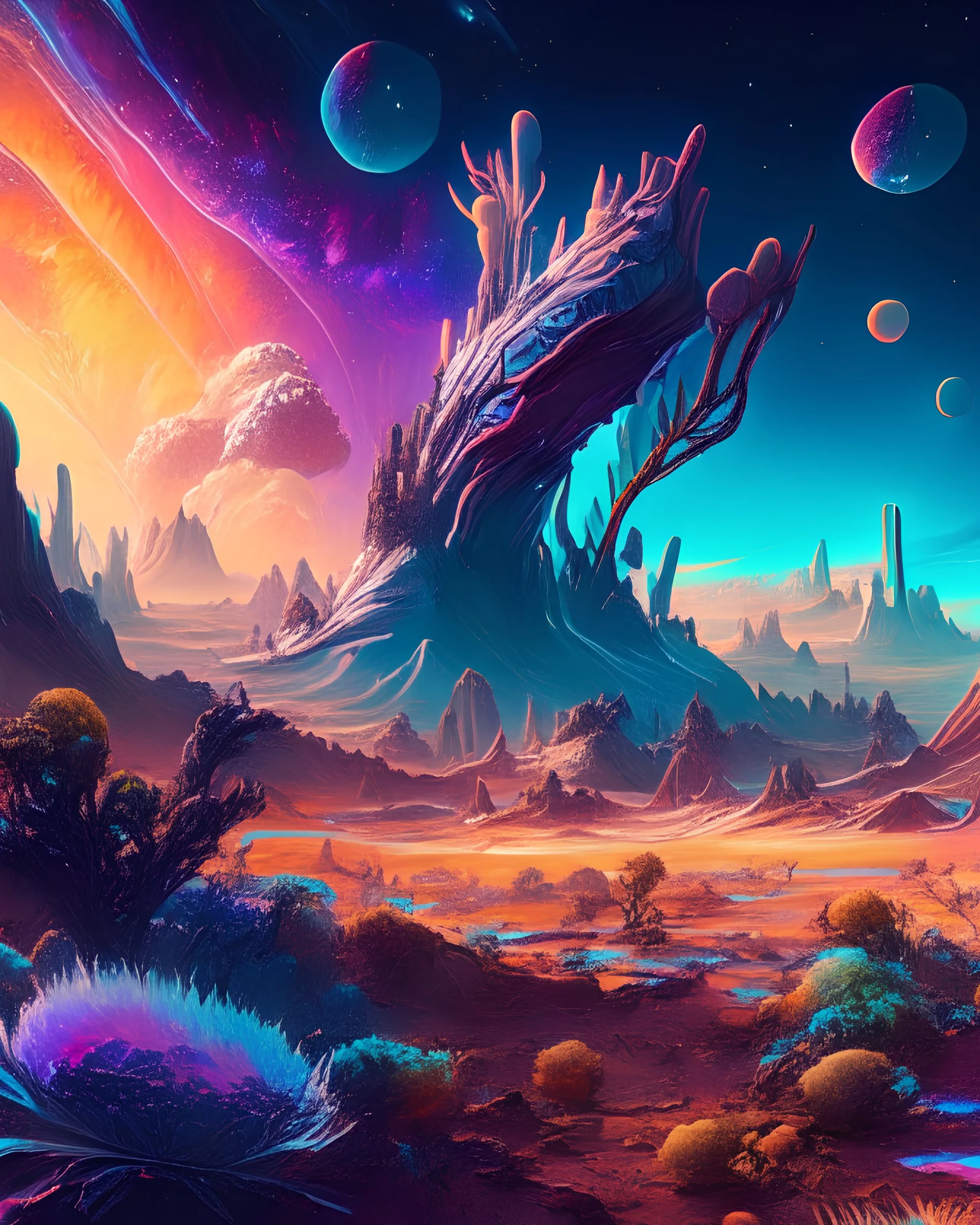 A breathtaking panorama of an alien landscape, with towering crystalline formations, glowing flora, and a vast, multicolored sky filled with celestial wonders. The scene is filled with a sense of awe and mystery, inviting the viewer to explore the uncharted terrain and ponder the unknown. 16K resolution, vivid colors, and imaginative details make this image a feast for the eyes.