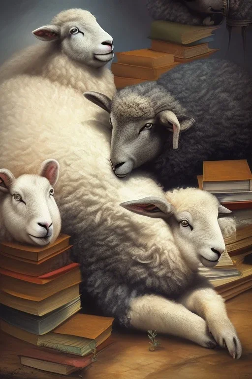 black sheep reads a book, sheep herd sleep