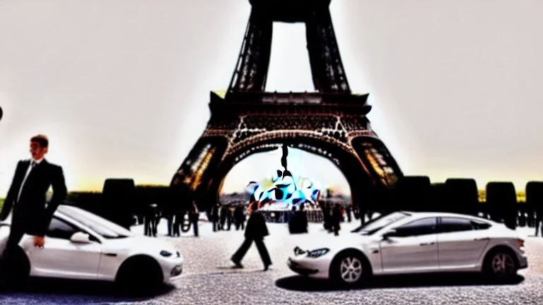A Tesla's 'Model S Plaid' is parked, at the Eiffel Tower, in Paris. CINEMATIC. WIDE ANGLE LENS.