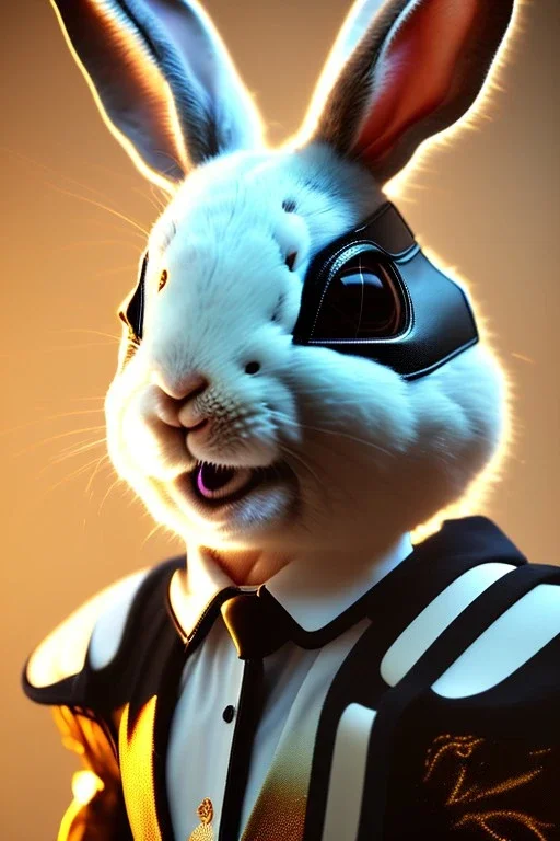 Sweet Rabbit mask, suit, photo studio, black background, unreal engine 5, concept art, ray tracing, lumen lighting, ultra detail, volumetric lighting, 3d.