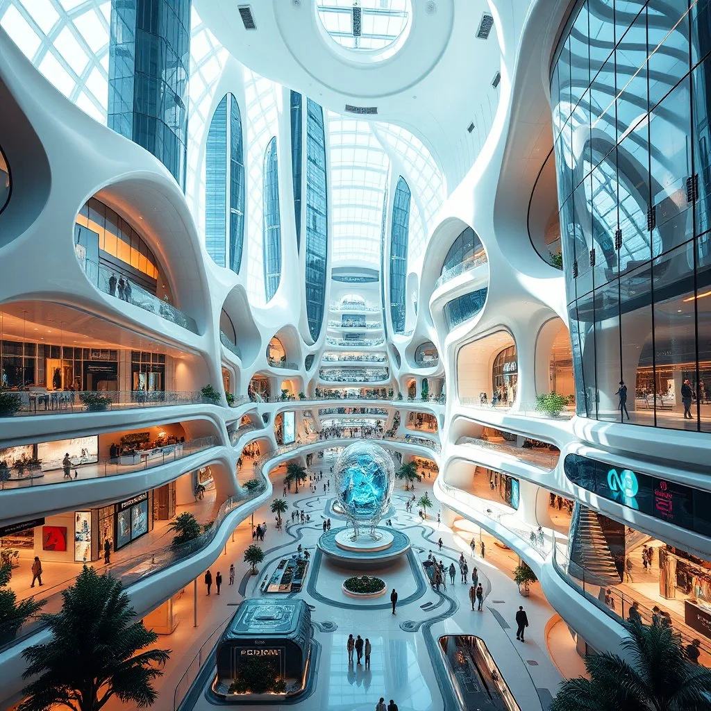 A futuristic, hyper-realistic scene depicting a sprawling, state-of-the-art shopping center in a modern city of the year 2080. The architecture features sleek, organic forms, towering glass facades, and seamless integration of advanced technological elements. The interior space is flooded with natural light, with open, airy layouts and imaginative design elements that blend the physical and digital realms. Holograms, interactive displays, and autonomous robotic assistants are seamlessly incorpo