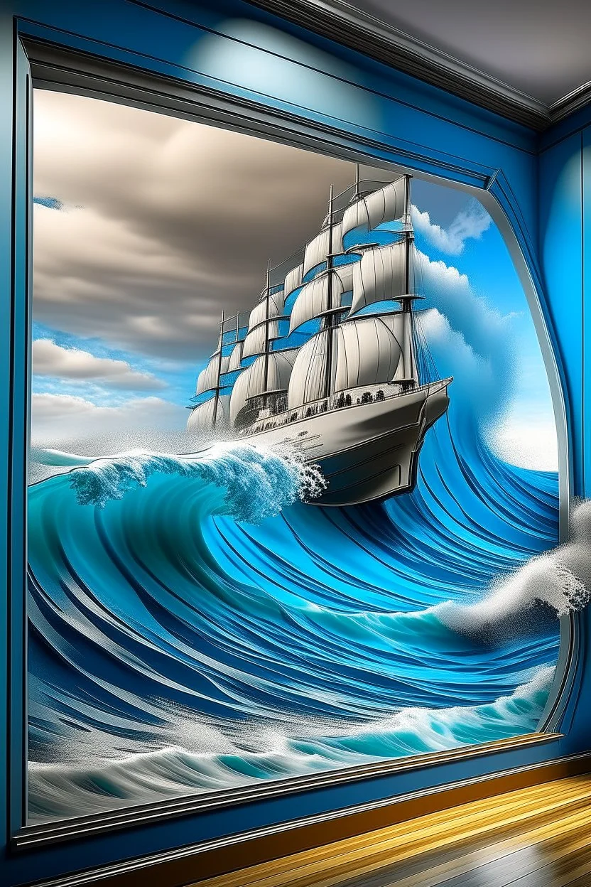 A picture on the wall with 3D image inside of a big ship getting out of the picture with big wave