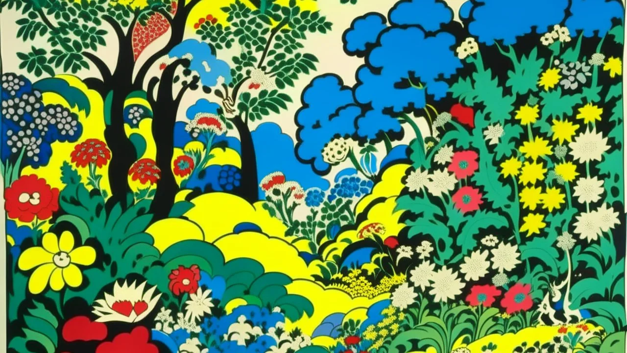 An illustration by Matisse and Kuniyoshi of a landscape of blooming flowers and lush vegetation.