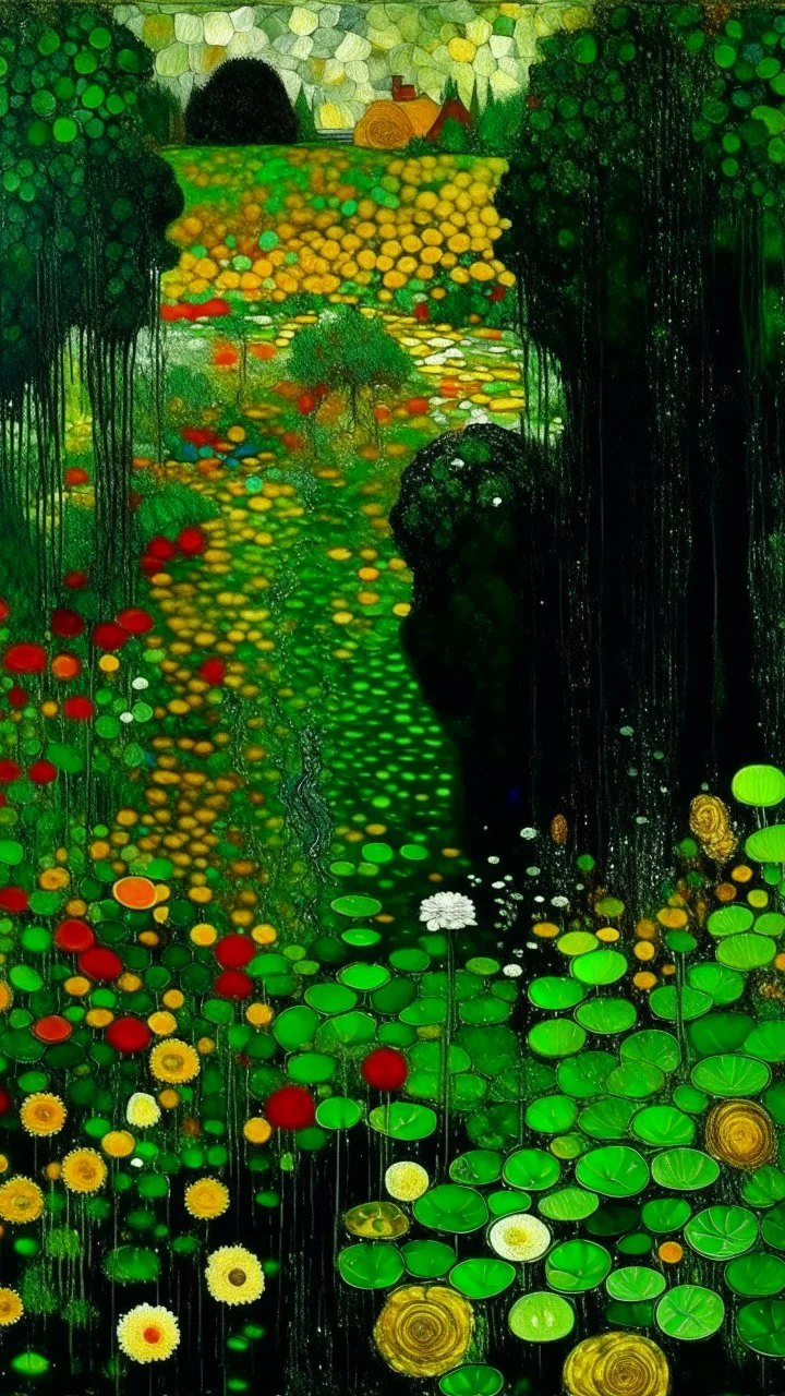 Dark emerald green wetlands with vegetables painted by Gustav Klimt