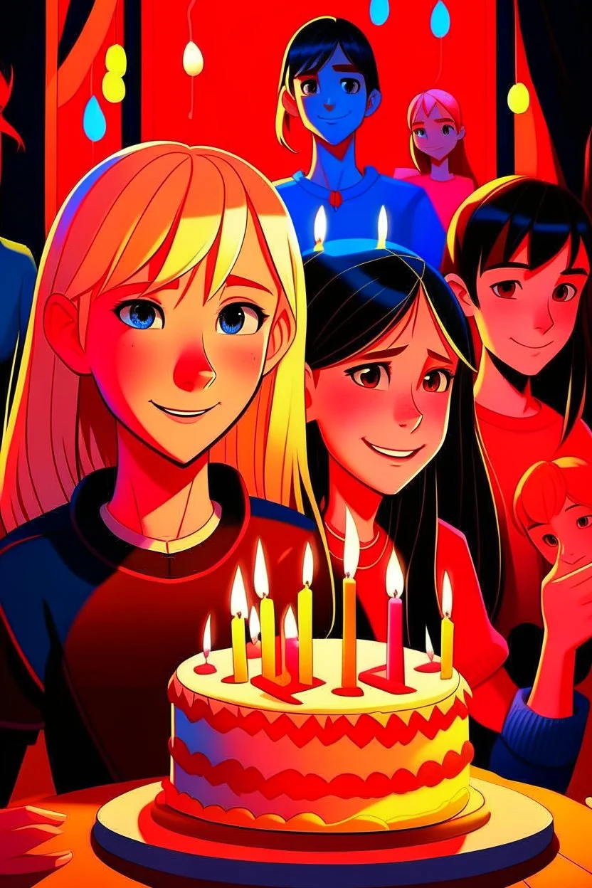 spiderman into the spider verse tarzı 17 yazan mum ile doğum günü kutlayan 2 kız birinin saçı kısa karakterlerin görüneceği kadar aydınlık soldaki kızın saçı daha kısa yüz ifadeleri değişsin çizgi roman tarzı gölgelendirme yüz ifadeleri değişsin sadece 2 kişi pasta ortalansın yüz ifadeleri değişsin sadece iki kız her şey aynı kalsın ama yüz ifadeleri değişsin