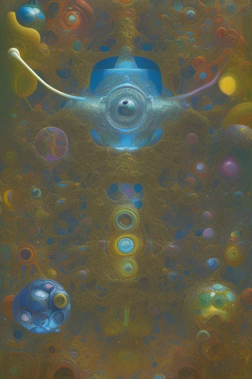 atoms self-organize to form a complex molecule detailed background by roger dean, max ernst, masterpiece, rich moody colours.