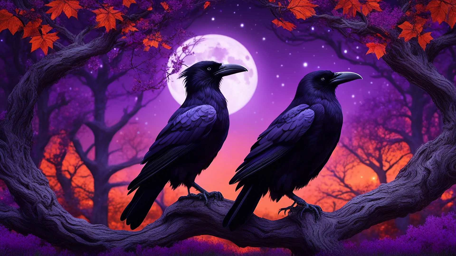 raven in tree, twisted curling trees, red orange foliage growing in purple colored forest, red orange, full moon, trees, flowers, fairy lights, night, 8k, high quality, trending art, trending on artstation, sharp focus, studio photo, intricate details, highly detailed, by tim burton