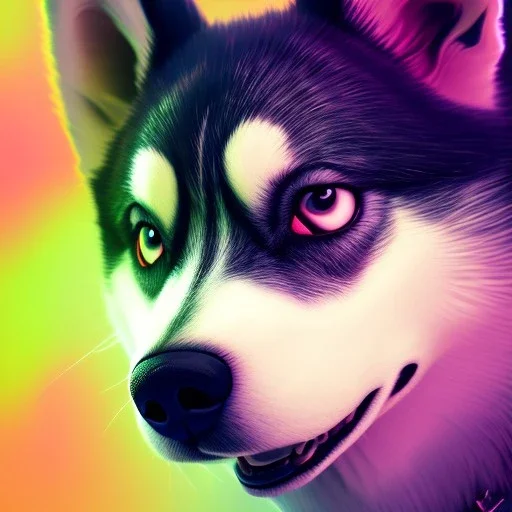 Husky, neon pink eyes, 8K, cinematic lighting, sharp focus, masterpiece, expert