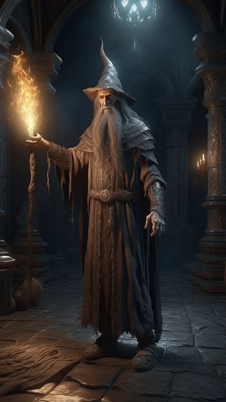 Busch painting style nightmare, a wizard standing in a 3d rendering full-height image of a grim and dark scene. Ensure the final images exhibit the utmost quality, with the play of a torch-lit dungeon encompassing 4K, 8K, and 64K resolutions, with 3D rendering that manifests in photorealistic, hyperrealistic, and highly detailed representations. Employ techniques such as HDR, UHD,