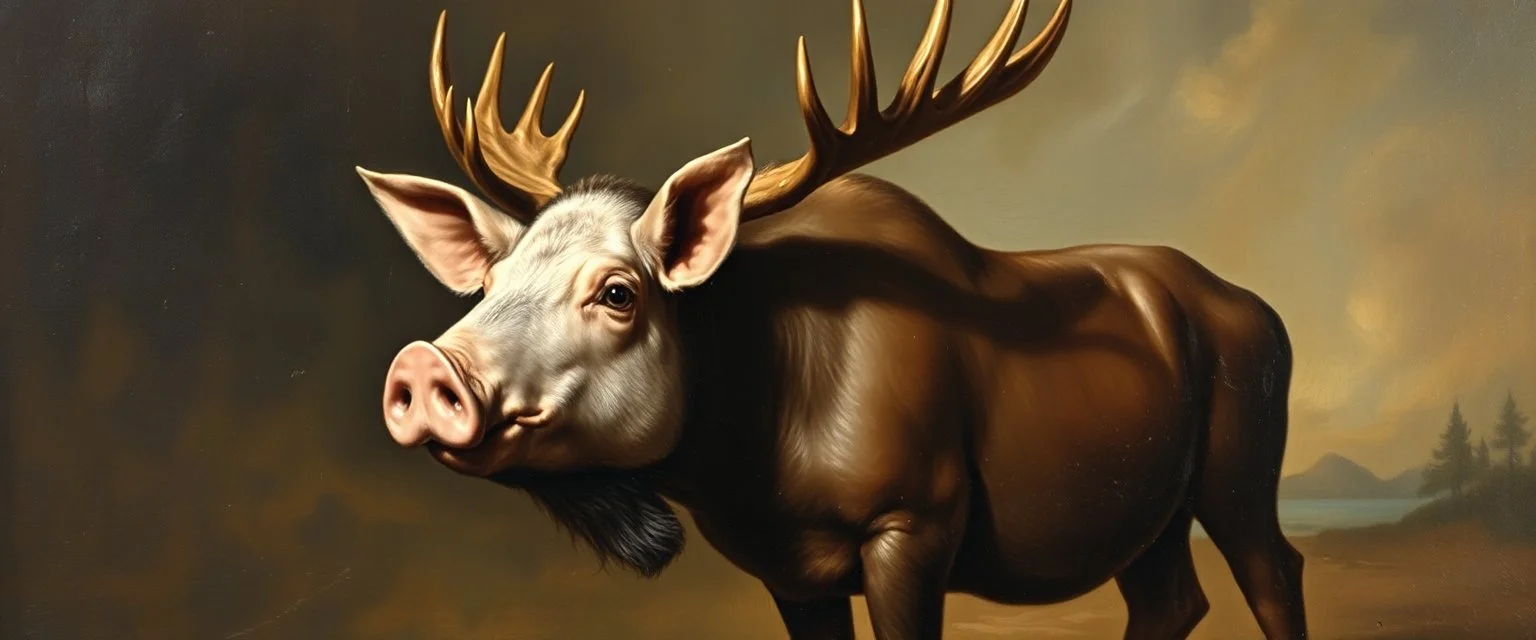 master oil painting by Rembrandt, pig moose