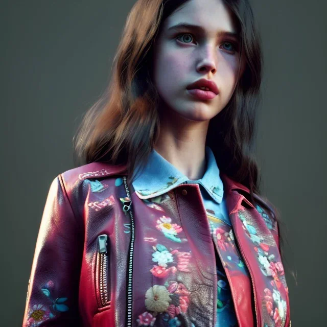 Margaret Qualley toddler, full body, leather jacket, floral shirt, floral skirt, shoe, soft skin, city background, dramatic lighting, hyper realistic