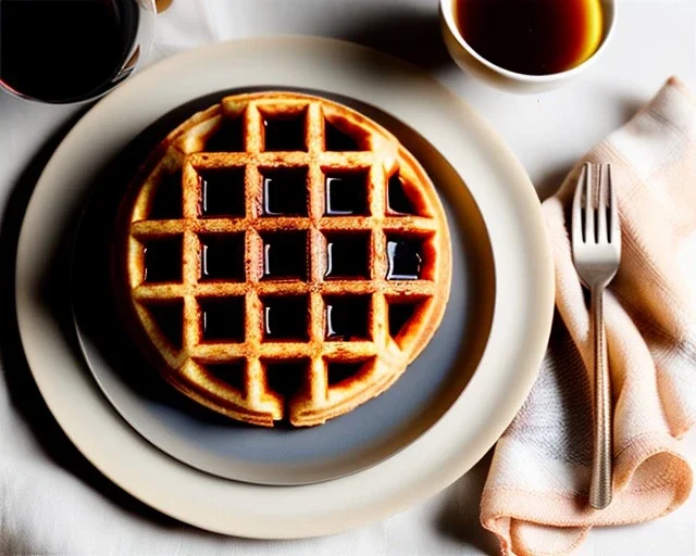 Round waffle with maple syrup plate, plaid napkin fork prongs