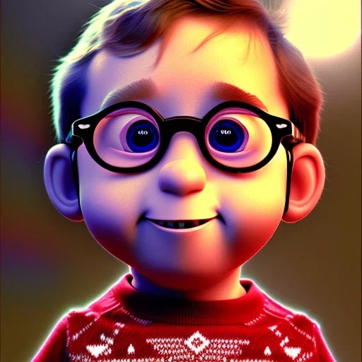 pixar style rendering , peter billingsley is a chubby kid with glasses, gripping a single Dark red soap bar, ((brown))argyle sweater,