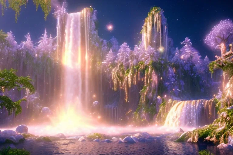  white and gold crystal cosmic ambiance，waterfall, full of details, smooth, bright sunshine，soft light atmosphere, light effect，vaporwave colorful, concept art, smooth, extremely sharp detail, finely tuned detail, ultra high definition, 8 k, unreal engine 5, ultra sharp focus