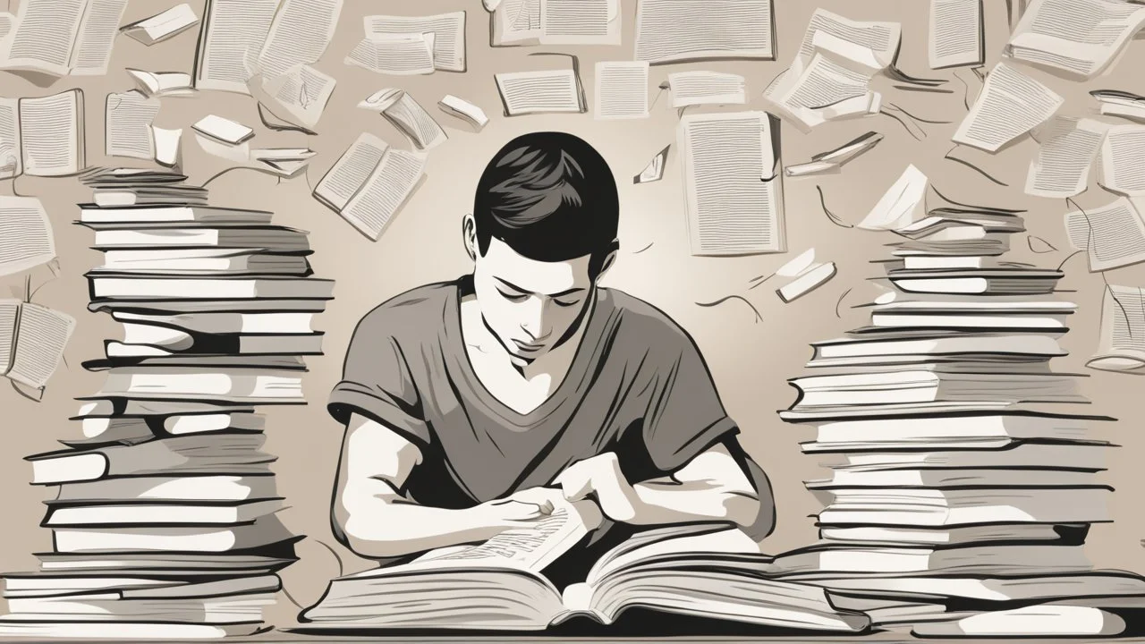 Description of the image: An image representing a person engaged in focused reading and learning, with books and articles spread out in front of them, symbolizing dedication to continuous learning and self-improvement.