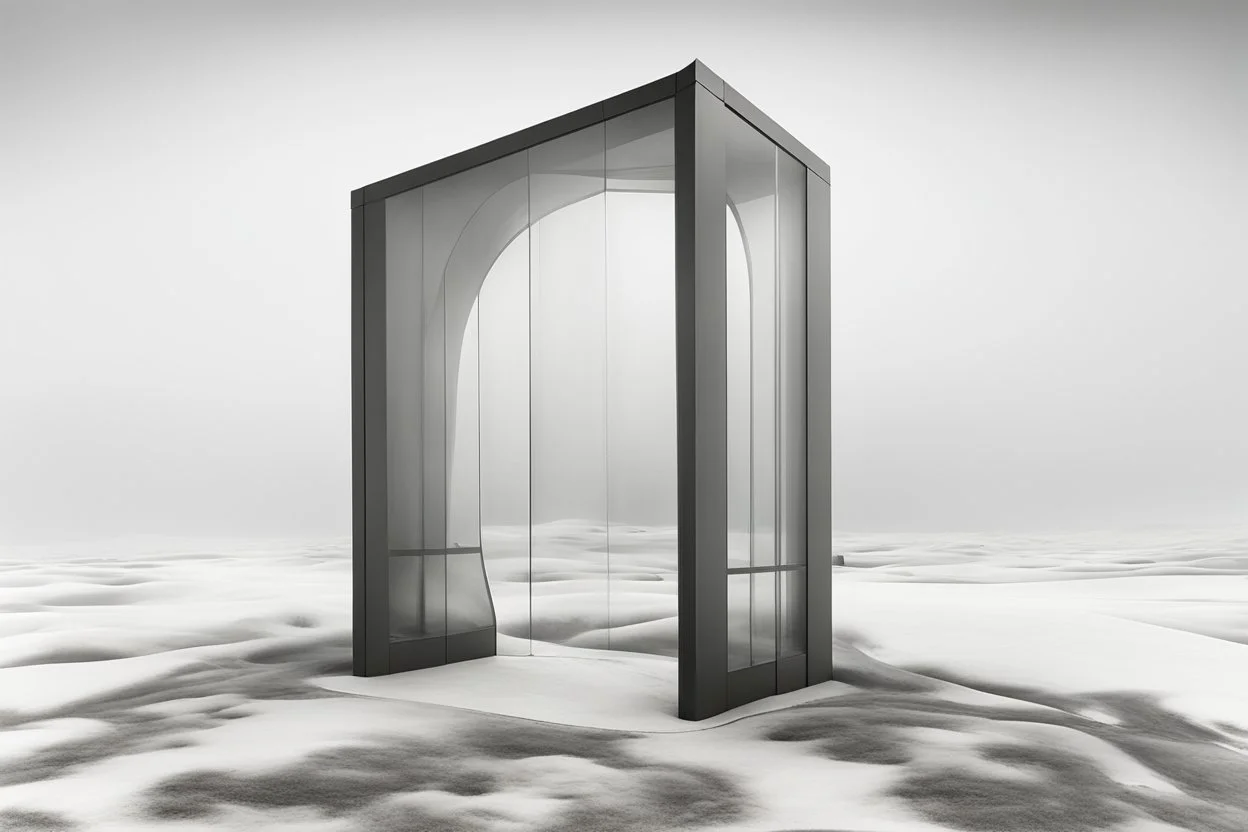 a surreal open glass gate in a glass wall with a view of a desolate landscape, fog, monochrome, strong contrasts, by artist "Leonora Carrington",by artist "Zaha Hadid""