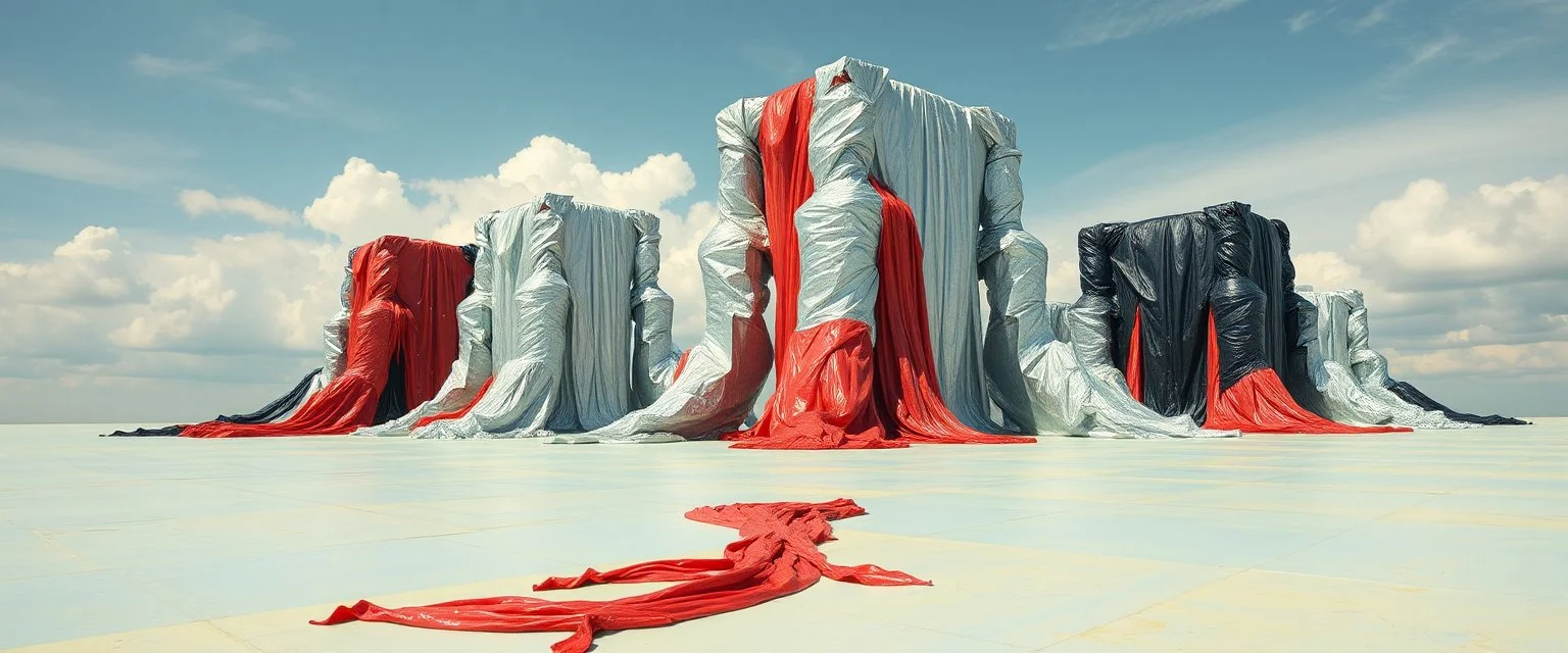 Fotografia di una superficie piatta di colore azzurro chiaro e giallo pastello, su cui si ergono alcuni gigantesche immense enormi strutture di forma indefinita, fatte di materiali vari, ricoperte da materiale plastico argentato, rosso, e nero, che scende a terra. Max Ernst, Amano, Yves Tanguy, Piet Mondrian, James Ensor, paranoic, obsessive, eccessivo, aria aperta, sole, nuvole, glossy, surreal, hasselblad h6d400c --ar 85:128 --v 6.