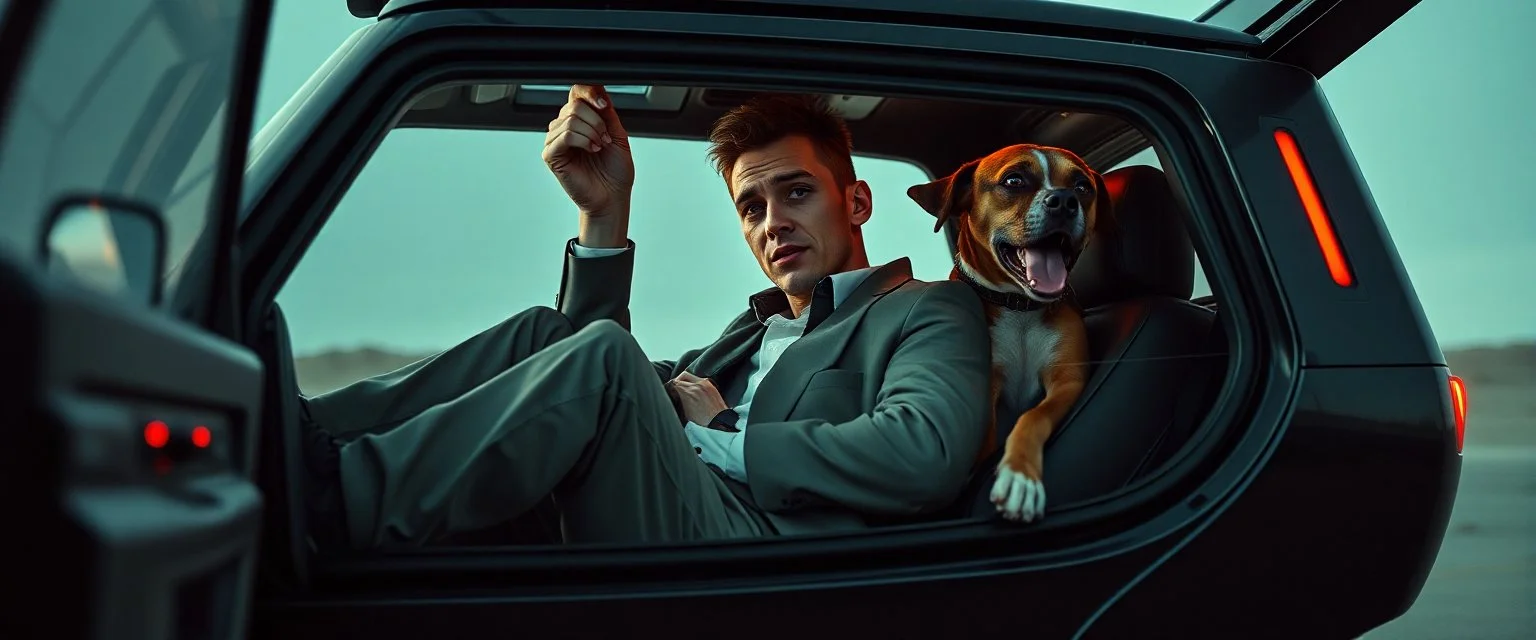 close up on weird out expression of guy suspended eating dogs inside laid back futuristic sci-fi glass human form car vampire coffin standing upright on wheels