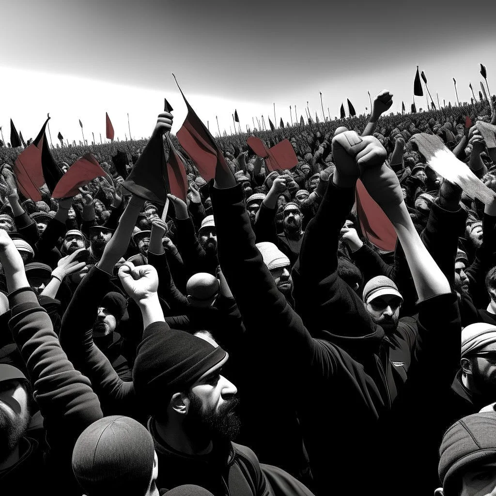 multitud marchando en un reclamo popular, ondean banderas rojas y banderas negras, hay dolor pero un fuerte sentido de lucha en la multitud, atmosfera epica, victoria del pueblo, reivindicación de derechos y justicia, paleta roja, negra y blanca