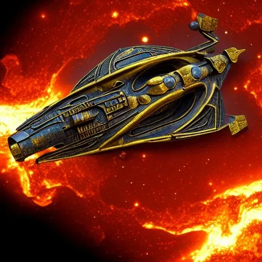 battle-damaged ornate starship made of brass and magma, in space