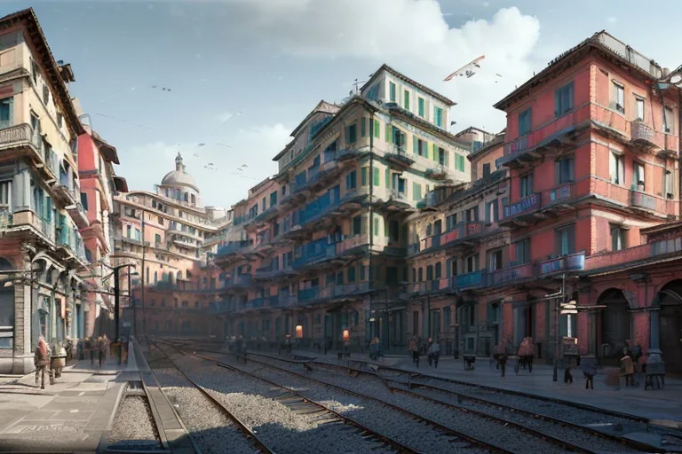 HanoiTrain+Close up Train head+ corner metro station+Elevated Train pass+trains+corner building on sea+riomaggiore+corniglia+genoa street+Italian medieval town+sea+alphonse mucha, greg rutkowski,matte painting, cryengine, hyper detailed, felix kelly, fantasy art, seb mckinnon