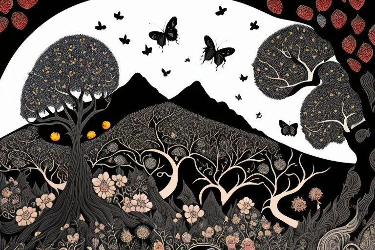 graphic drawing summer fantastical landscape, moon, round tree crowns, stylized butterflies, pomegranate flowers and fruit, a flat image with careful drawing and tracing of every detail, black background, cosmic bright color, folk art, Epic cinematic brilliant stunning intricate meticulously detailed dramatic atmospheric maximalist digital matte painting, perfect composition, masterpiece