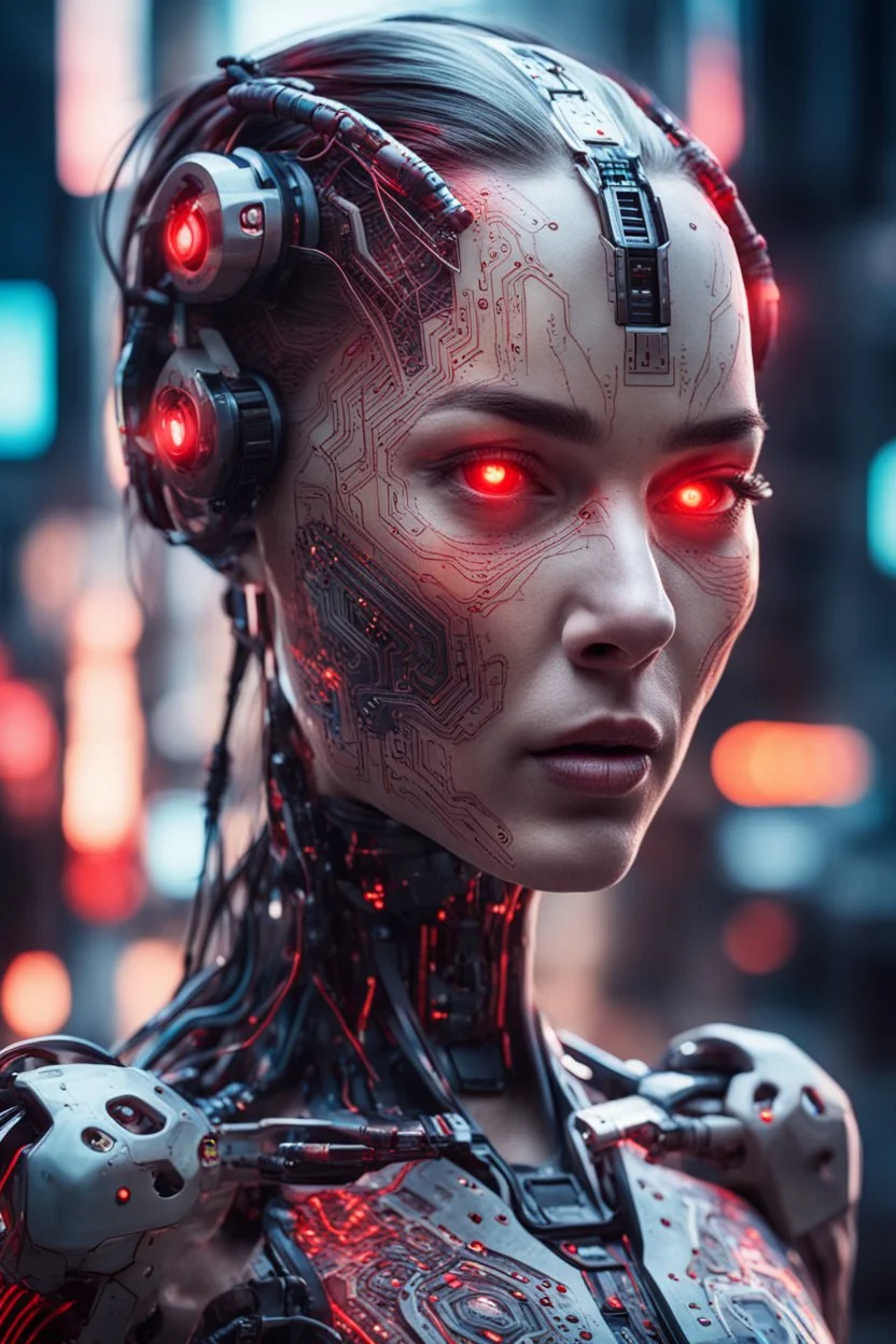 A cybernetic woman with intricate circuitry patterns etched into her skin, her glowing red eyes scanning the streets for any signs of danger.