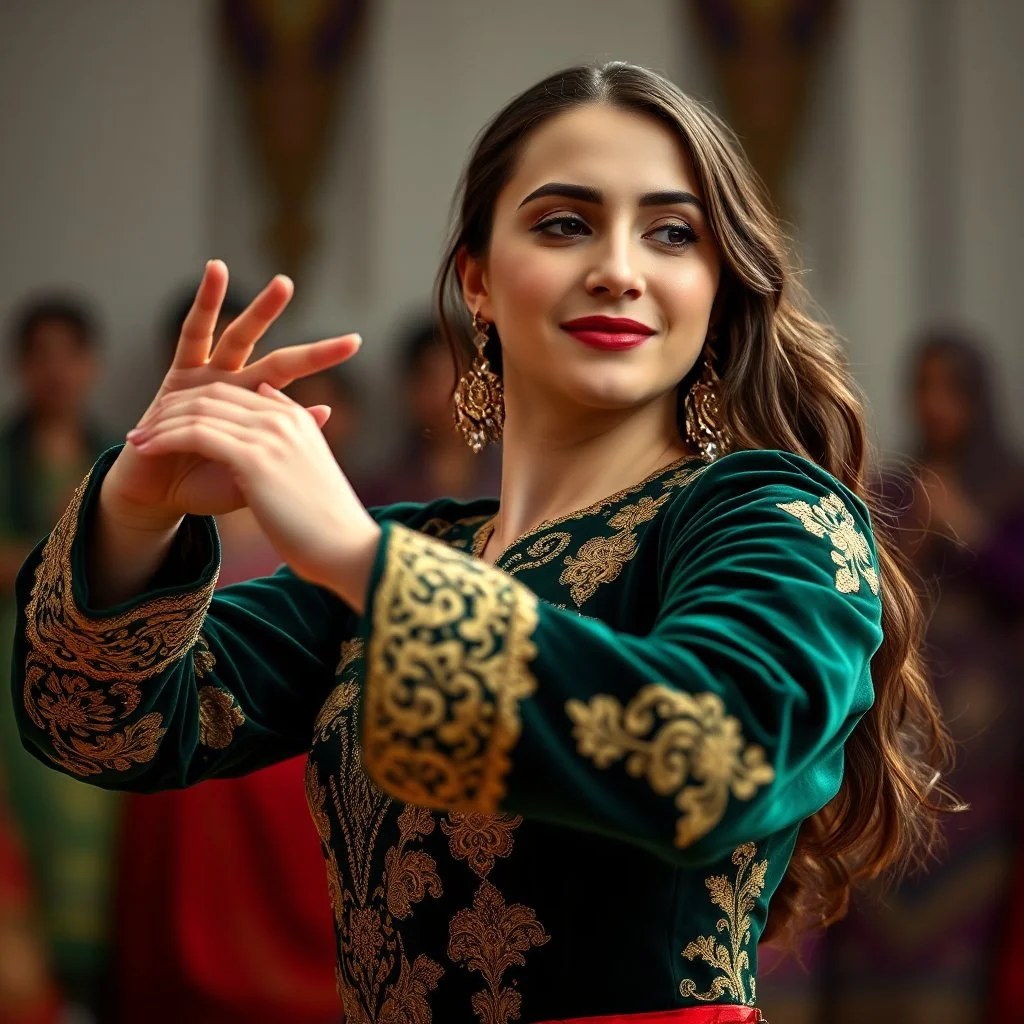Medium close-up shot of the Azerbaijani dancer performing Bükmə and Sındırma. She rotates her wrists in delicate circular motions, opening her fingers one by one like a blooming lotus petal. She then rhythmically dips her right shoulder while gently tilting her head to the left with a subtle, coy smile. Emerald velvet jacket with gold embroidery, crisp focus on intricate hand gestures, elegant slow motion, 8k resolution.