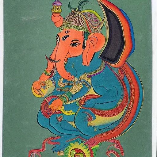 ganesha riding a dragon in tibetian painting style