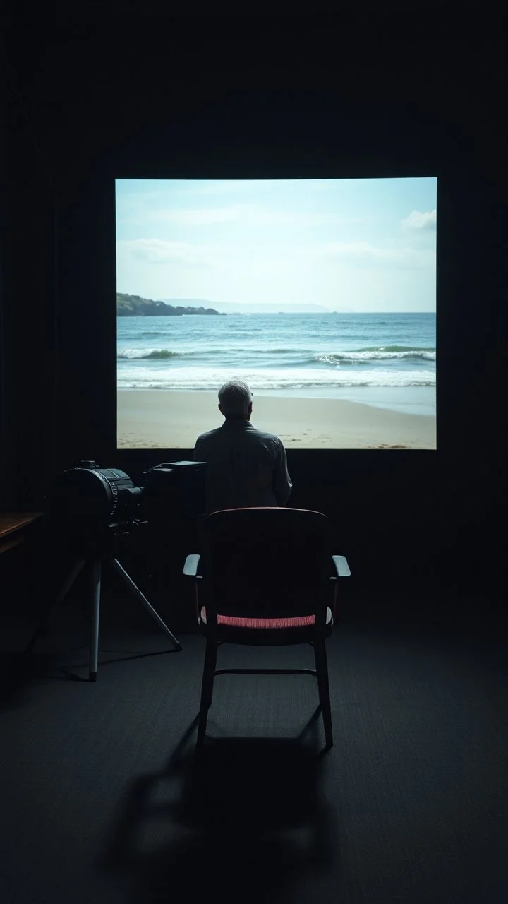 An old movie projector in side an empty dark room with an empty chair facing the screen, in the screen is picture of an old man sitting by the beach