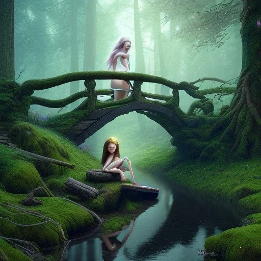 poet with lute, sexy moon elf sleeping on rock under wooden bridge in magical forest, spray painting, foliage frame, fantasy art , movie poster, Realistic photography, incredibly detailed, ultra high resolution, 8k, complex 3d render, cinema 4d, color corrected