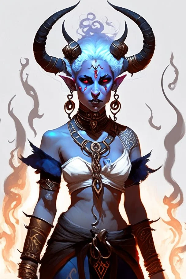 A full body image of this tiefling woman she has fire powers, she is floating she has lots of jewelry and the horns of a ram and also the horns of a gazelle, her outfit is white and her body is covered in tribal tattoos, she is about to attack