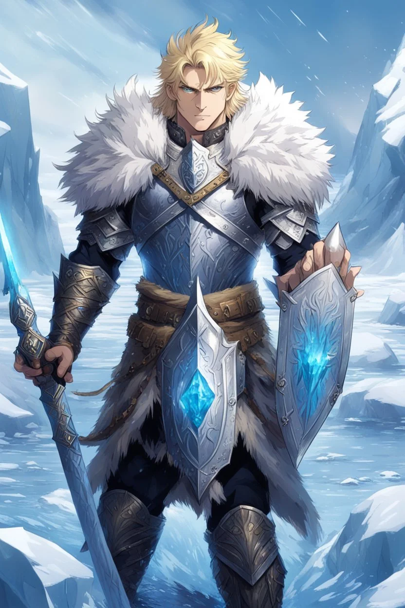 1 anime man. warrior, with blue eyes and blonde hair man in silver Viking armor with fur around the neck with blue crystal on his chest, standing in water in the artic, holding a ice sword and shield, warrior in, anime style