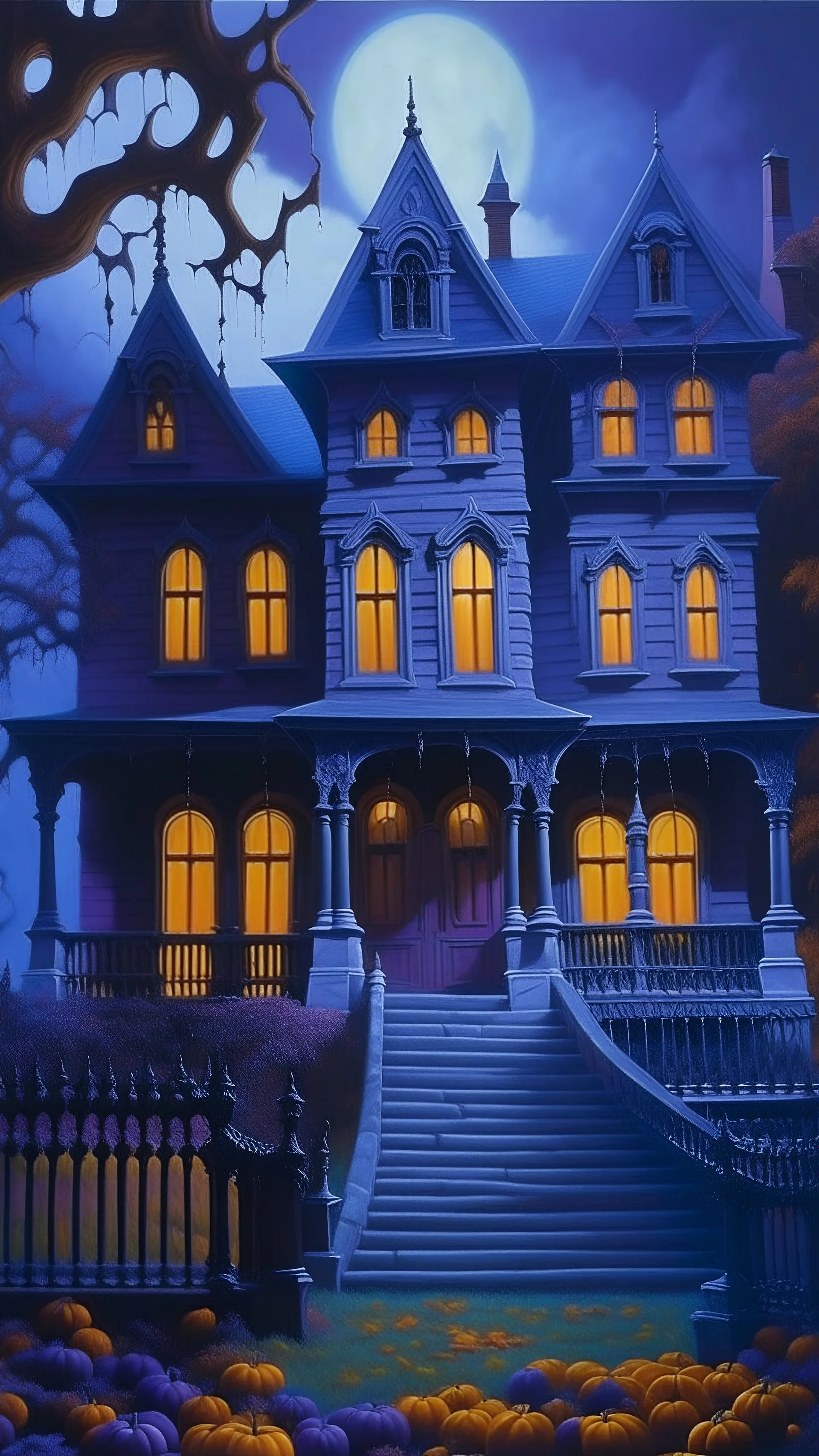 A purple haunted mansion with ghosts and Jack-o-lanterns painted by Frank Wilson