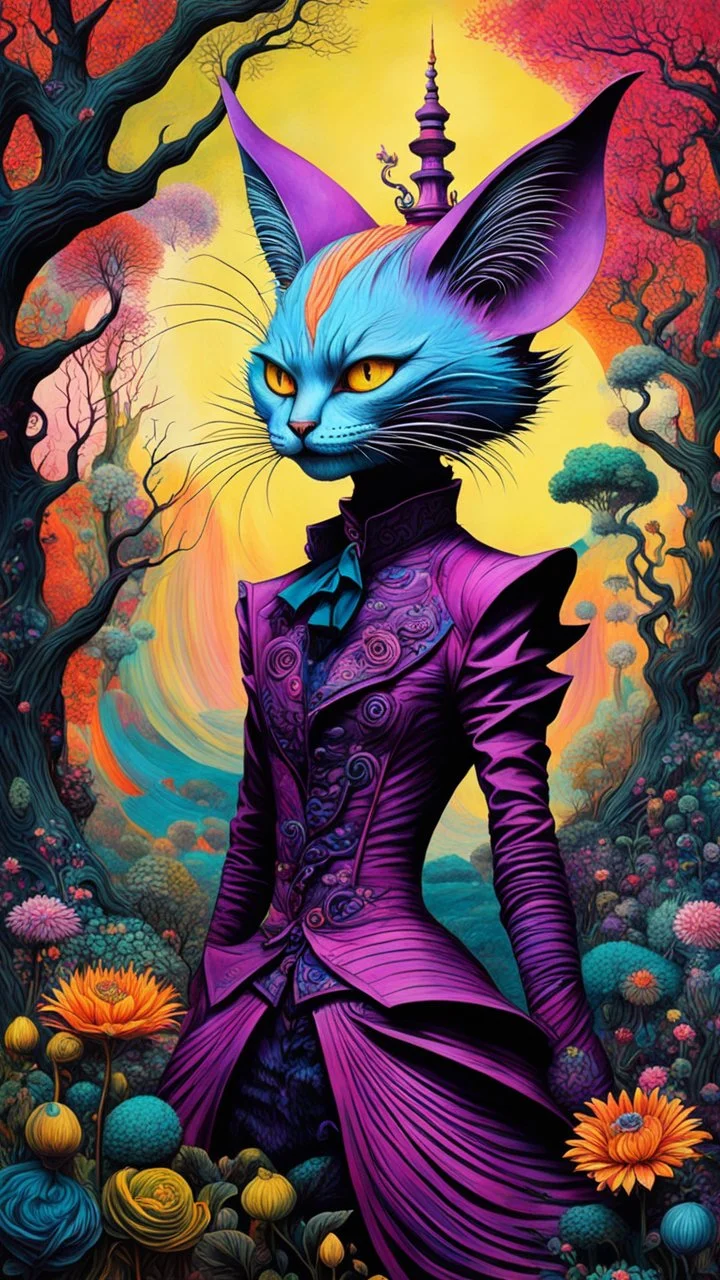 full body ink oil portrait of Tilda Swinton as an Evil Cheshire Cat , in a surreal Wonderland landscape with trees of strange shapes, and flowers of all kinds in the style of Max Ernst, Yves Tanguy, Zdzislaw Beksinski, and Ravi Zupa, highly detailed hair and facial features, in vibrant chromatic colors