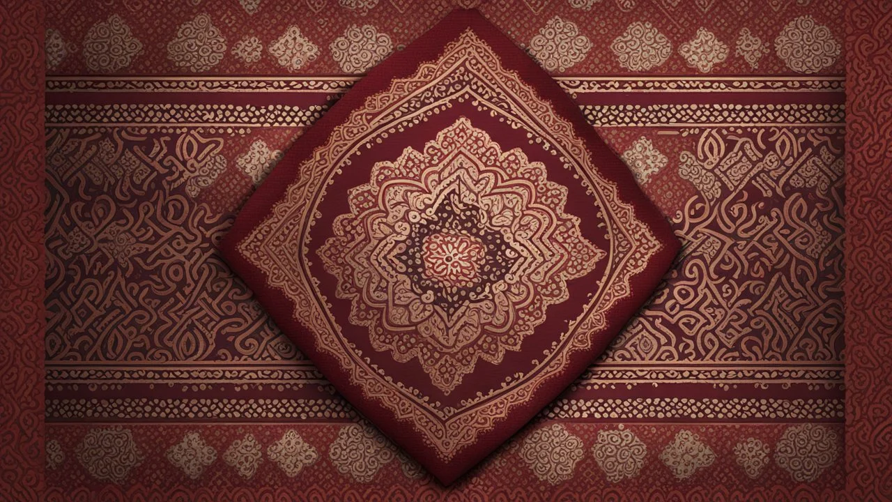 Hyper Realistic Detailed Traditional Ajrak-Fabric-Design on Rustic-Grungy-Maroon-Background