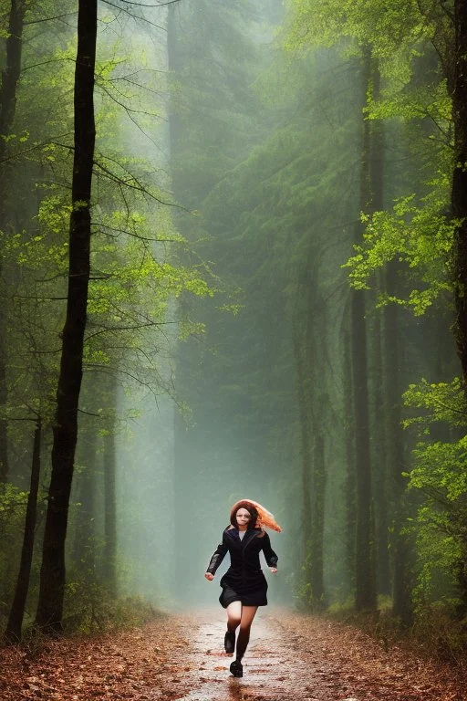 woman in forest, mid shot, running away from, slipped, wet,
