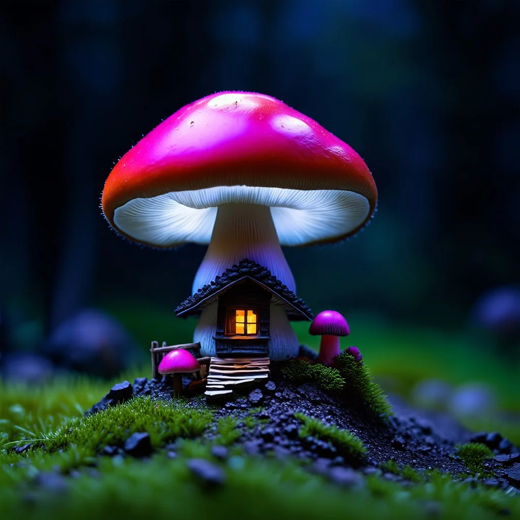 "Close up of a wonderful tiny Mushroom Tower home. Red and Magenta with bright white, deep black and contrasting tones of gray magenta and violet colors. Illuminated bioluminescent forest. Professional painter, master at composition. small but detailed. broken, blurred background, voluminous lighting"