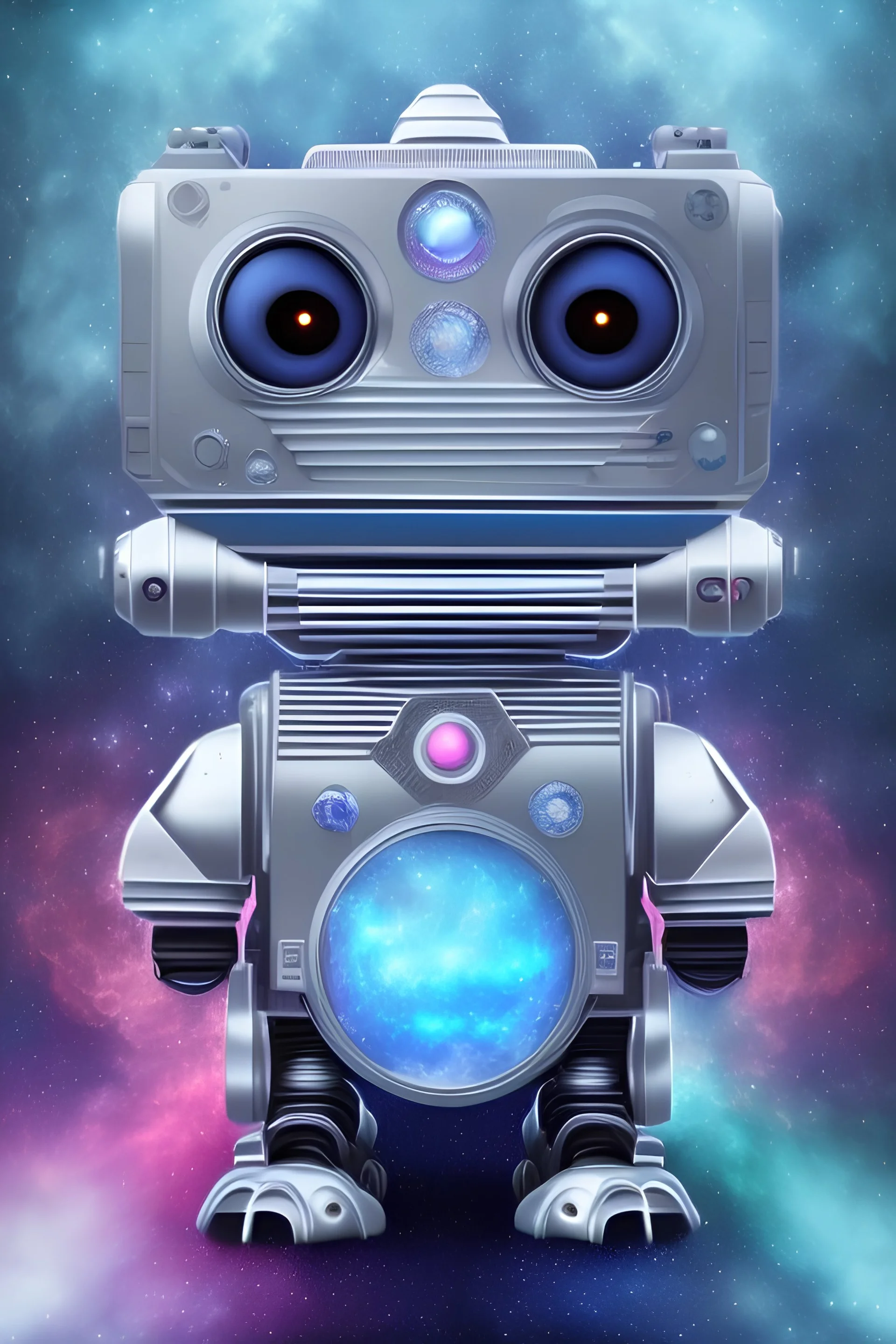 hedjuk, family metal robot,friendly, two small eyes,child robot ,funny, cosmic sky,friendly, renderin,great stars bleu sky, room, cosmic, opalescent, 100mm, opalescent, gemstones, crystals, object, other worldly,water, cristal rock ,bright, ice background, snow on the ground,shooting star, in its uflying saucer