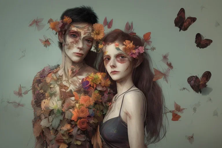 portrait of a couple, girl 1 dressed as life (flowers, butterflies, leaves), girl 2 dressed as death (skeletons, wilted flowers, upside down bird), resting heads against each other, beautiful, ethereal, 8k resolution, dynamic lighting