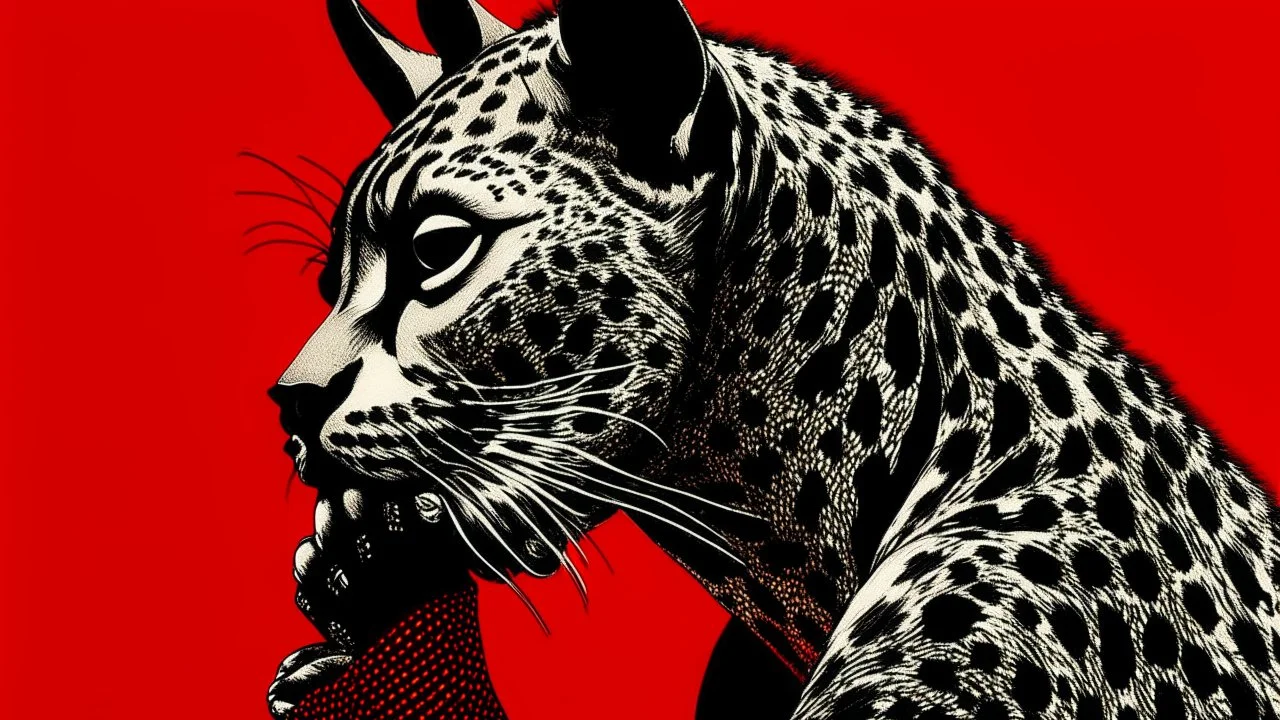 a black and white grotesque man on a red background, folk art, humanoid cheetah, scratching head, slightly abstract, drawn and painted, mark brookes, thick tail, cheetah, rachel wall, struggling, 1 9 6 0 s art, graphic detail, sienna,