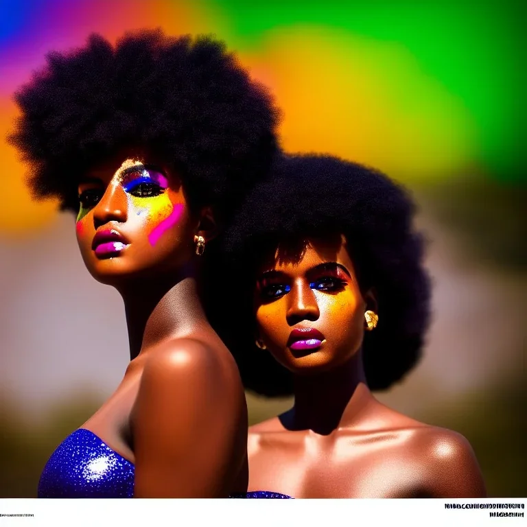 full body shot, masterpiece, best quality, child, dark skinned, sparkling eyes, fluorescent skin, colorful makeup, afro, highly detailed body, sun light, 4K, RAW, depth of field, high contrast, realistic details, 24mm