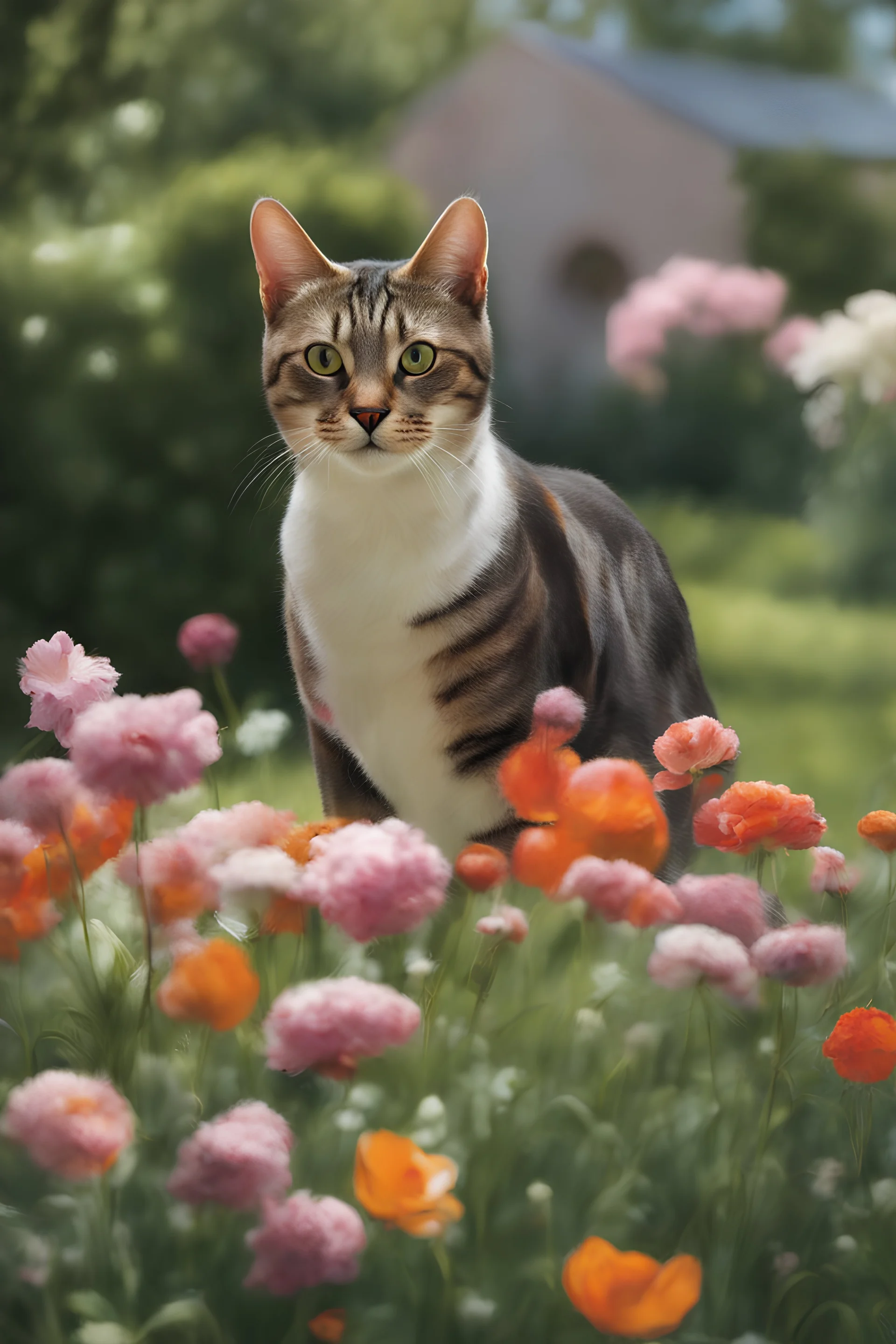 Masterpiece, best quality, Simon Birch style painting, portrait of a european Shorthair Cat, in the garden, rule of thirds