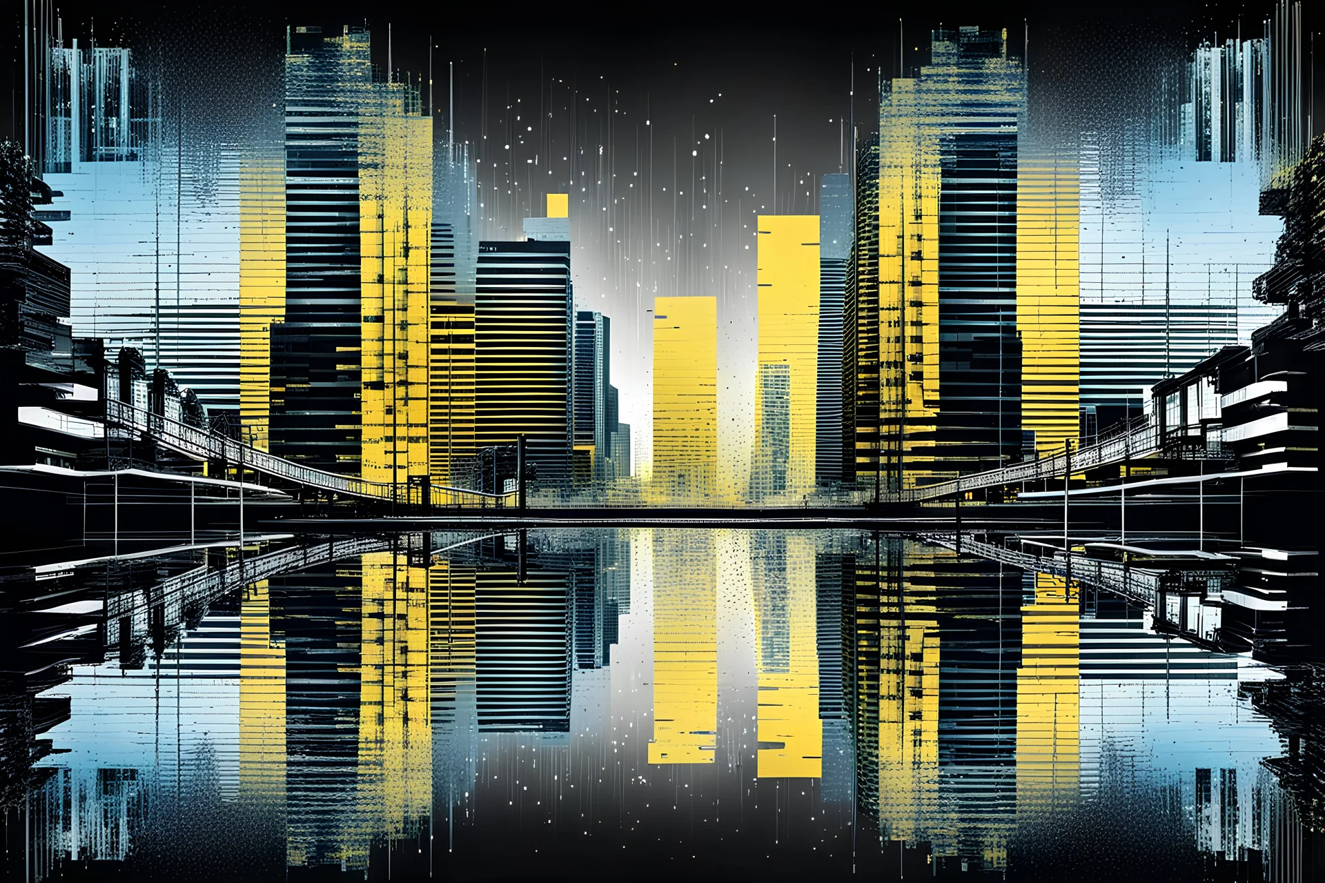 Double exposure transparent glich picture silhouette of a building, bridges, white noise, distorted, abstract patterns, glitch art with distorted shapes, optical illusion, gray-yellow and blue gradient effect, rhythmic noise particles. Grain scored texture. Black background.