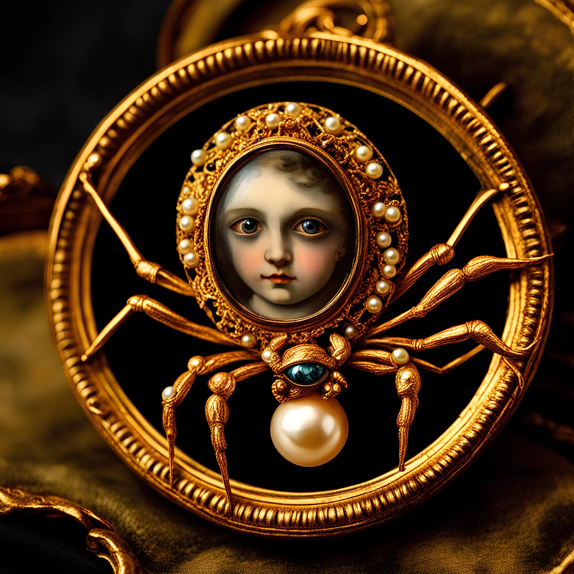 Spider crawling over a miniature Lover's eye watercolor painting set in a gold brooch and pearls, victorian art, Sir William Charles Ross royal miniaturist style, gothic, bizarre, mesmerizing