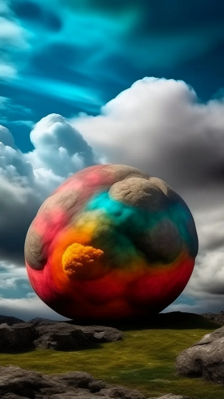 Scary big stone ball standing with multicolored smoke and big clouds in sky in the background