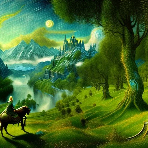 Epic Drawing of scenery with human on horse of The LOTR estilo Van Gogh 4k