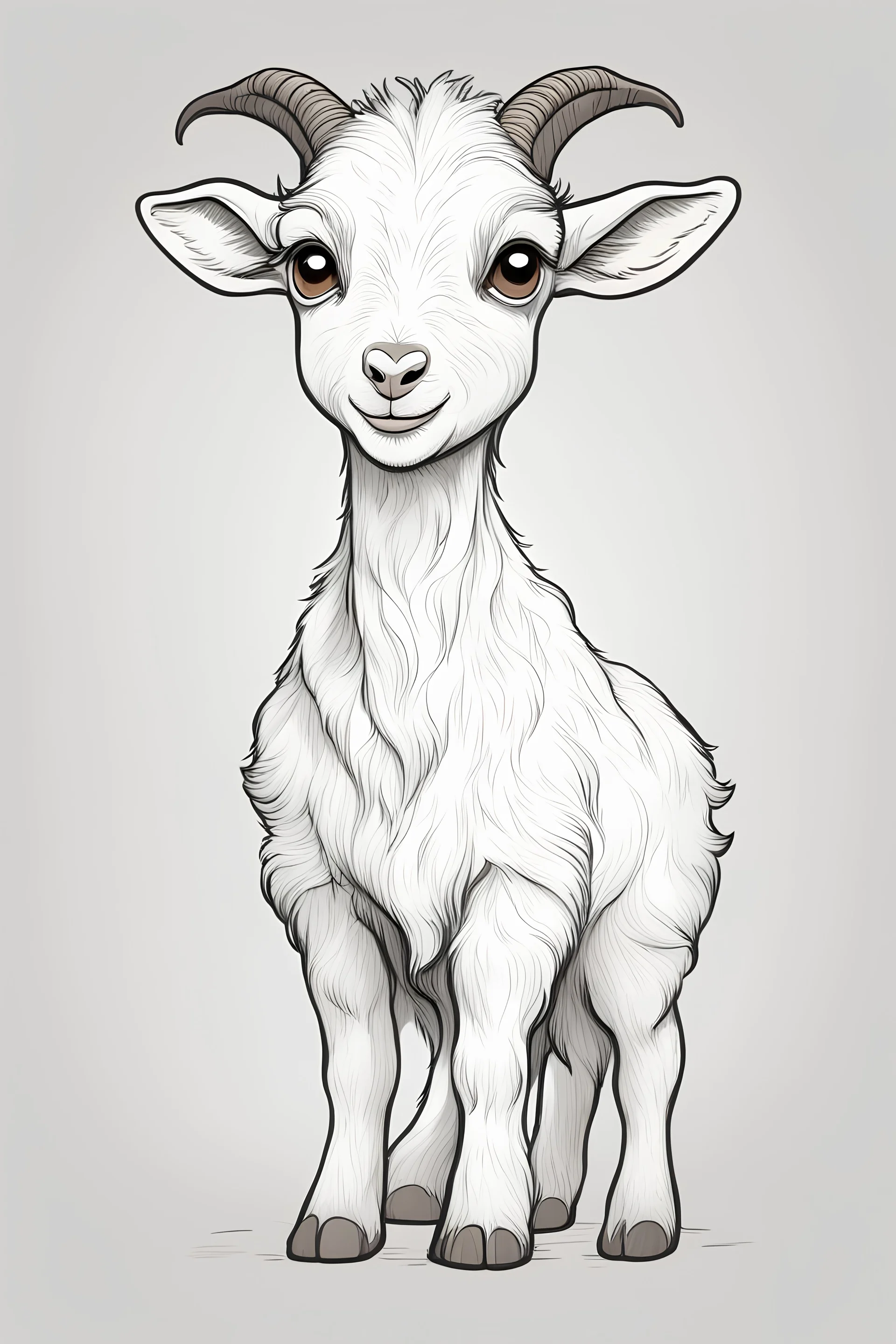 create a outlined cartoon coloring page of a baby goat . Pay attention to the details of the faces and White background, sketch style, half of body, use outline, clean line art, no shadows, no coloring, no shading, no grey.