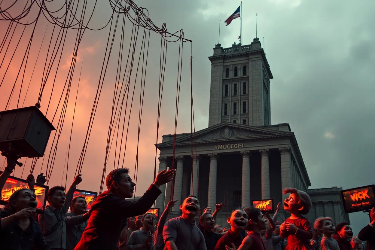 a cruelly oppressive government towers above, pulling the strings of puppets below, the news broadcasts the puppets' suffering everywhere, dystopian, dread, horror